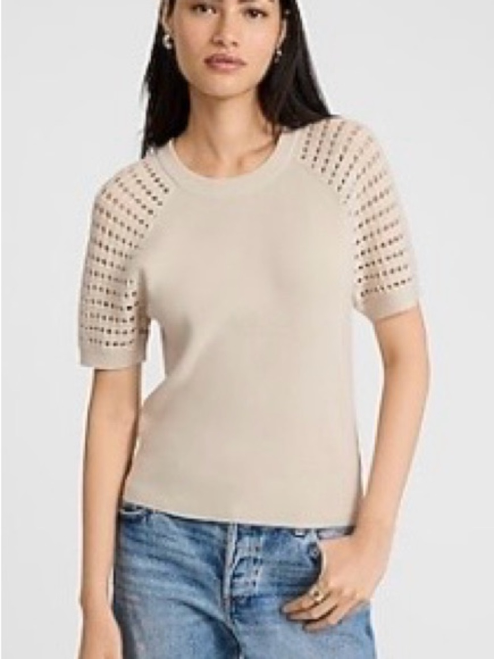 NWOT. Express Crochet Short Sleeve Sweater Tee in Warm Ivory Color, Sz XL